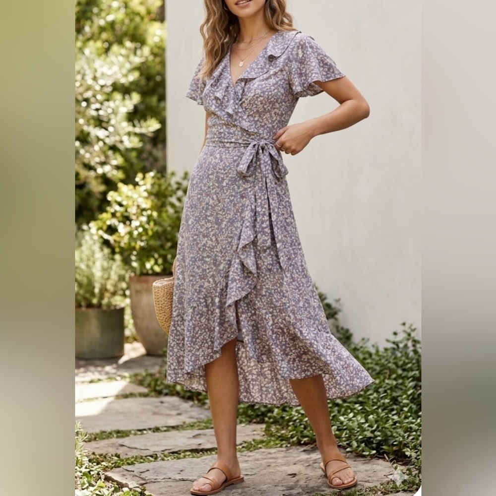 New Simple Lavender Floral High-Low Wrap Dress size XXL